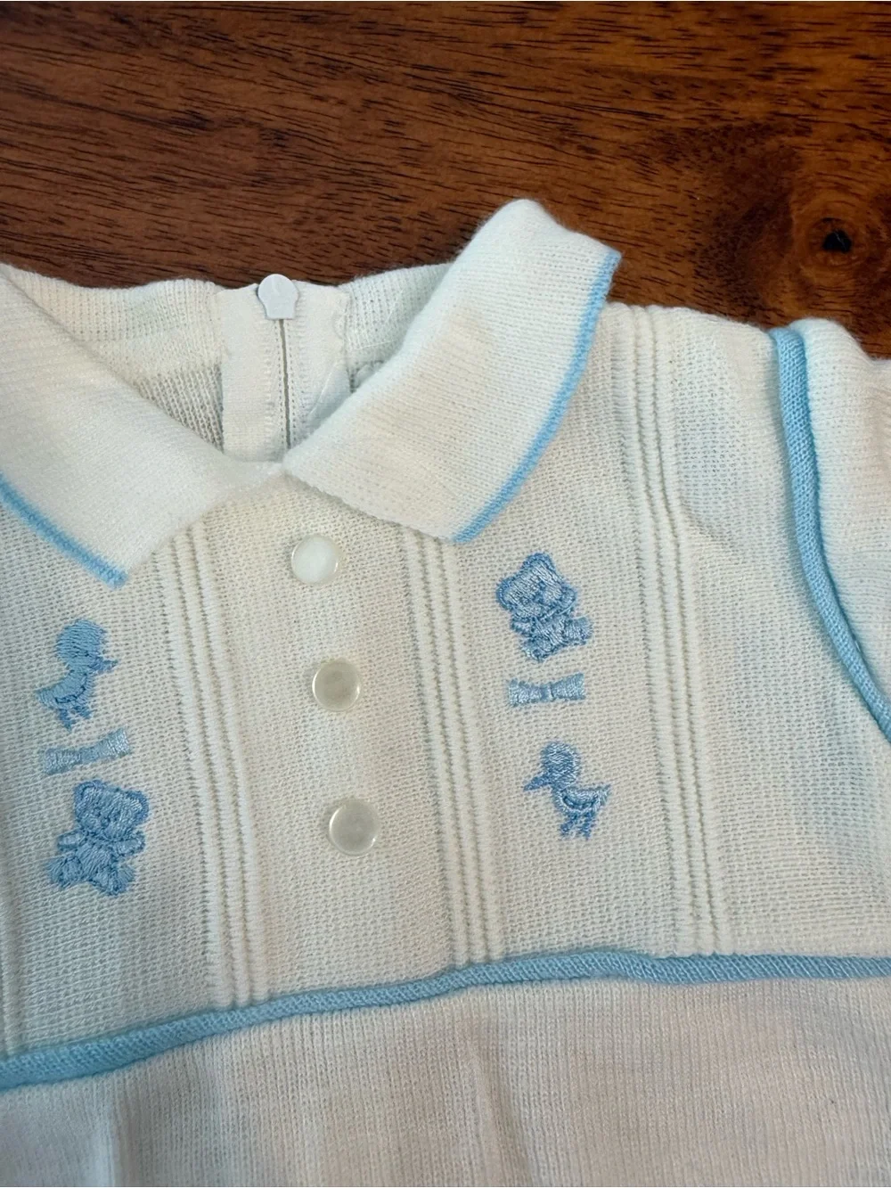 Vintage Carriage Boutiques Knit Romper Boy White Blue Embroidered Polo Bubble NB